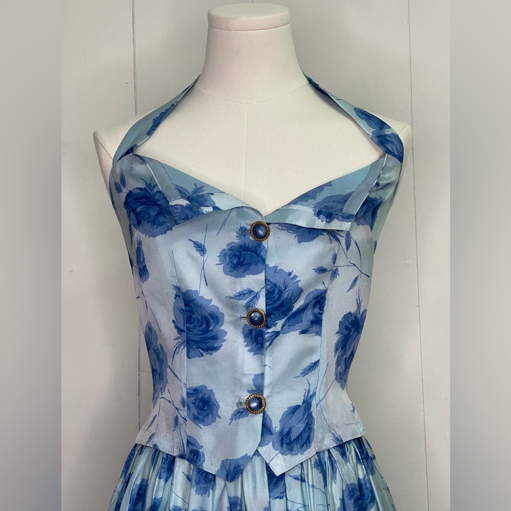 Vintage 1950’s Blue Floral Boned Halter and Matching Maxi Skirt Ensemble junior